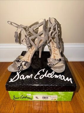 Sam Edelman Grey Suede Lace-Up Heels with Snake-Print Straps